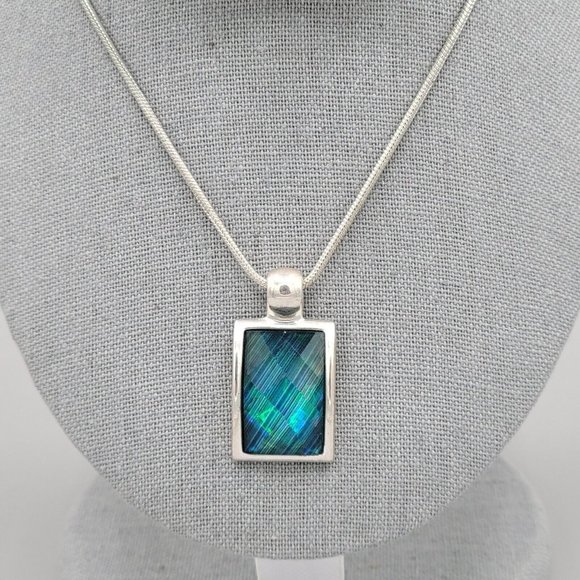 KC Blue Stone Rectangle Pendant Necklace Earrings Fashion Set Blue Silver Tone - Picture 4 of 12